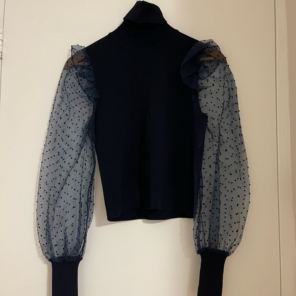 ZARA navy organza puff sleeve sweater - Picture 2 of 9